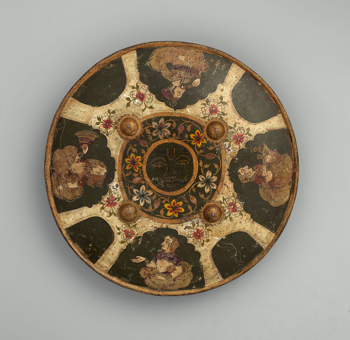 Shield (Dhál), Iron, polychromy, textile, leather, Indian, Rajasthan, Bundi 