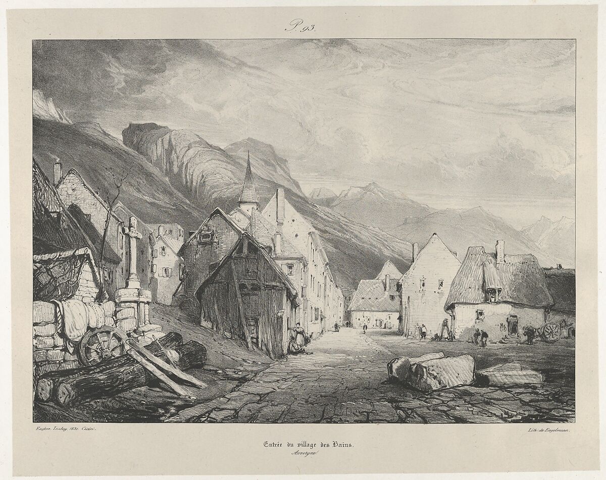 Entry to the Village of Bains, Eugène Isabey (French, Paris 1803–1886 Lagny), Lithograph in black on light gray chine collé laid down on ivory wove paper;second state of two 