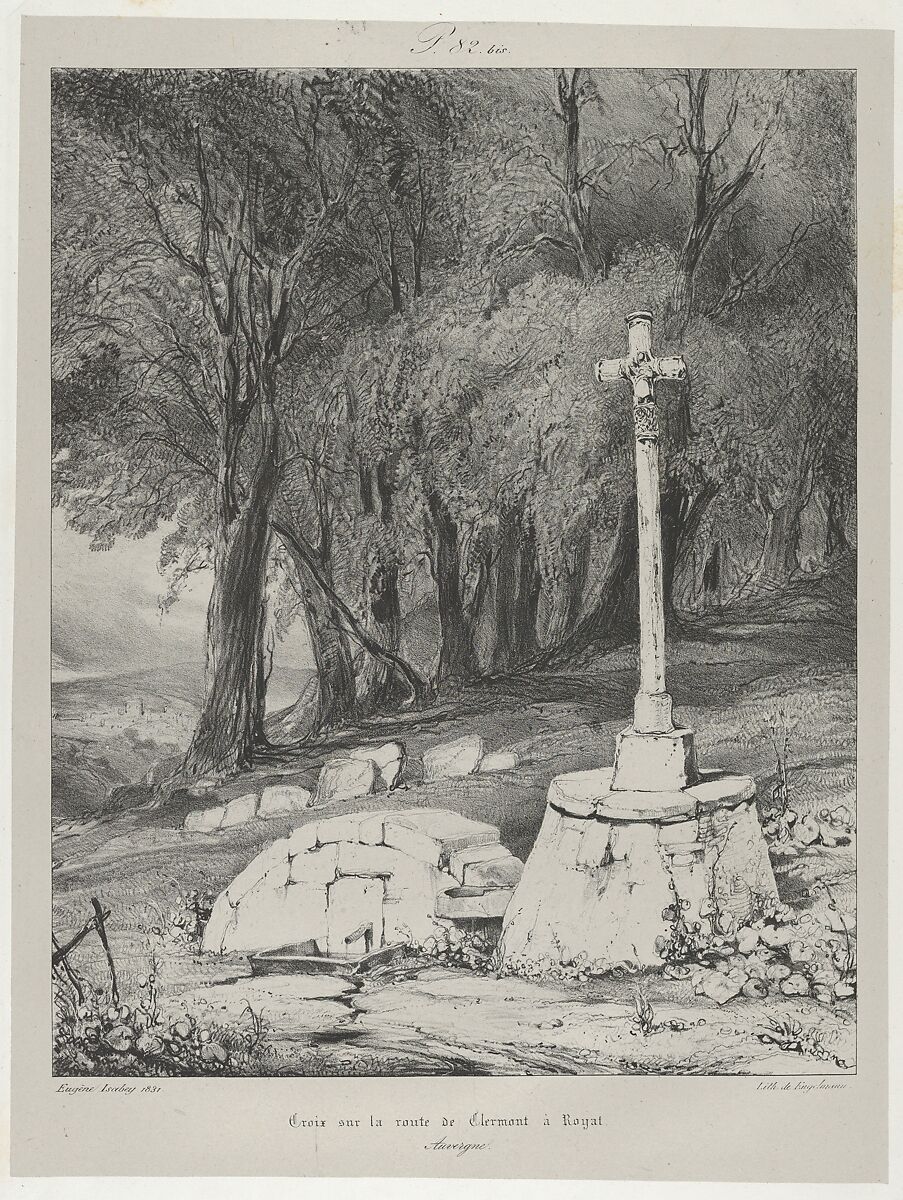 Cross on the Route from Clermont to Royal, Eugène Isabey (French, Paris 1803–1886 Lagny), Lithograph in black on light gray chine collé laid down on ivory wove paper; only state 