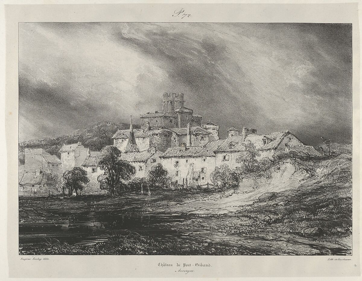 Pont-Gibaud Castle, Eugène Isabey (French, Paris 1803–1886 Lagny), Lithograph in black on light gray chine collé laid down on ivory wove paper; only state 