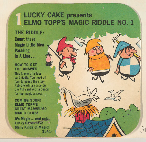 Elmo Topp's Magic Riddle No. 1, bakery card from the Lucky Cake Surprise Cards series (D94-1), issued by Tip Top Bakeries, Issued by Tip Top Bakeries, Commercial color lithograph 