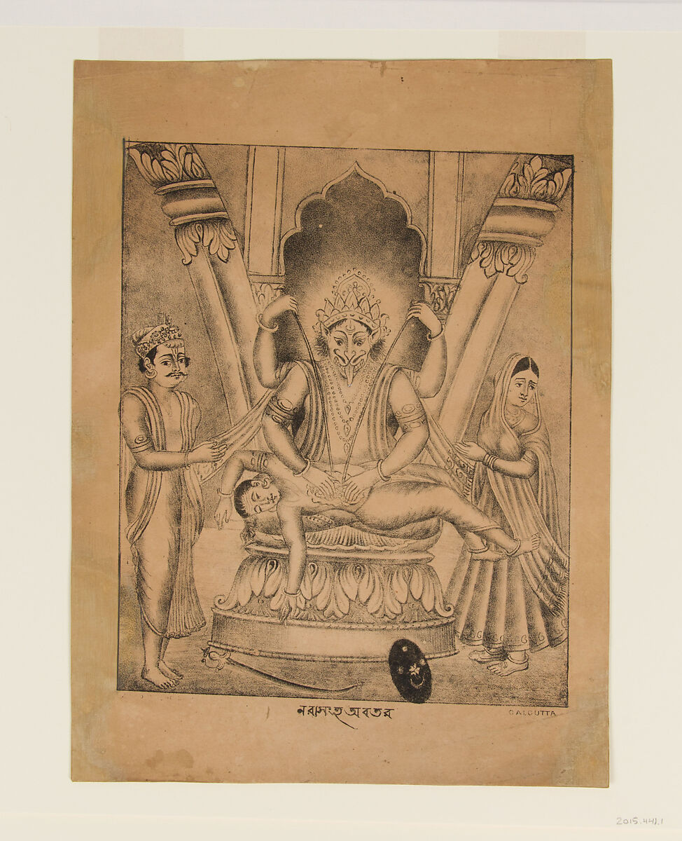 Narasimha Kills the Demon-King Hiranyakashipu, Lithograph, Eastern India, Kolkata, West Bengal 