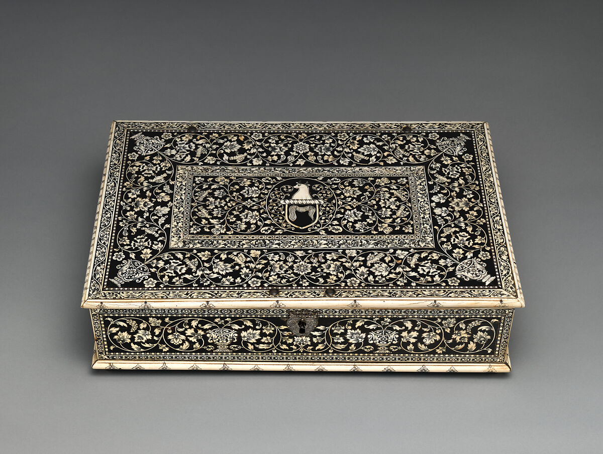 Casket, Ebony and engraved ivory, tortoiseshell; mirror glass; silver hardware; brass feet; iron lock, Indian, Vizagapatam