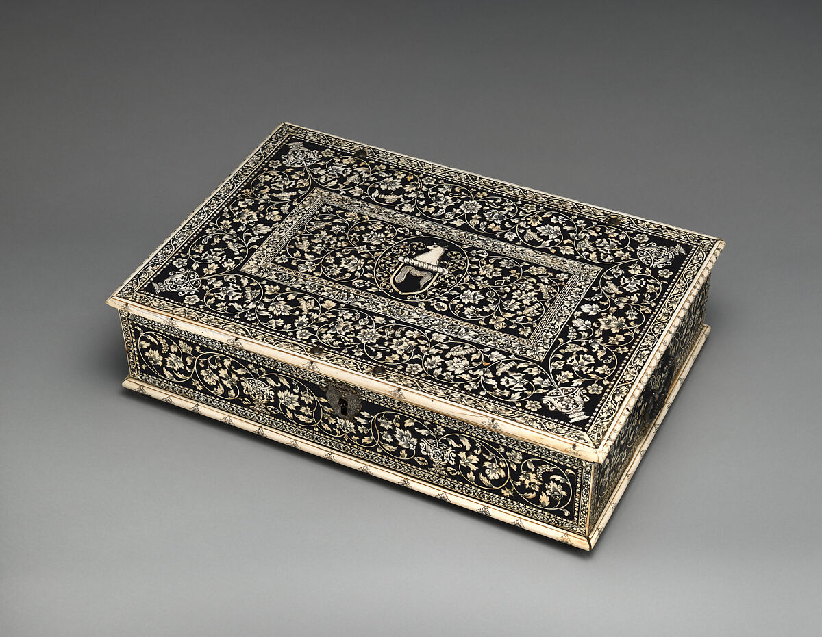 Casket, Ebony and engraved ivory, tortoiseshell; mirror glass; silver hardware; brass feet; iron lock, Indian, Vizagapatam 