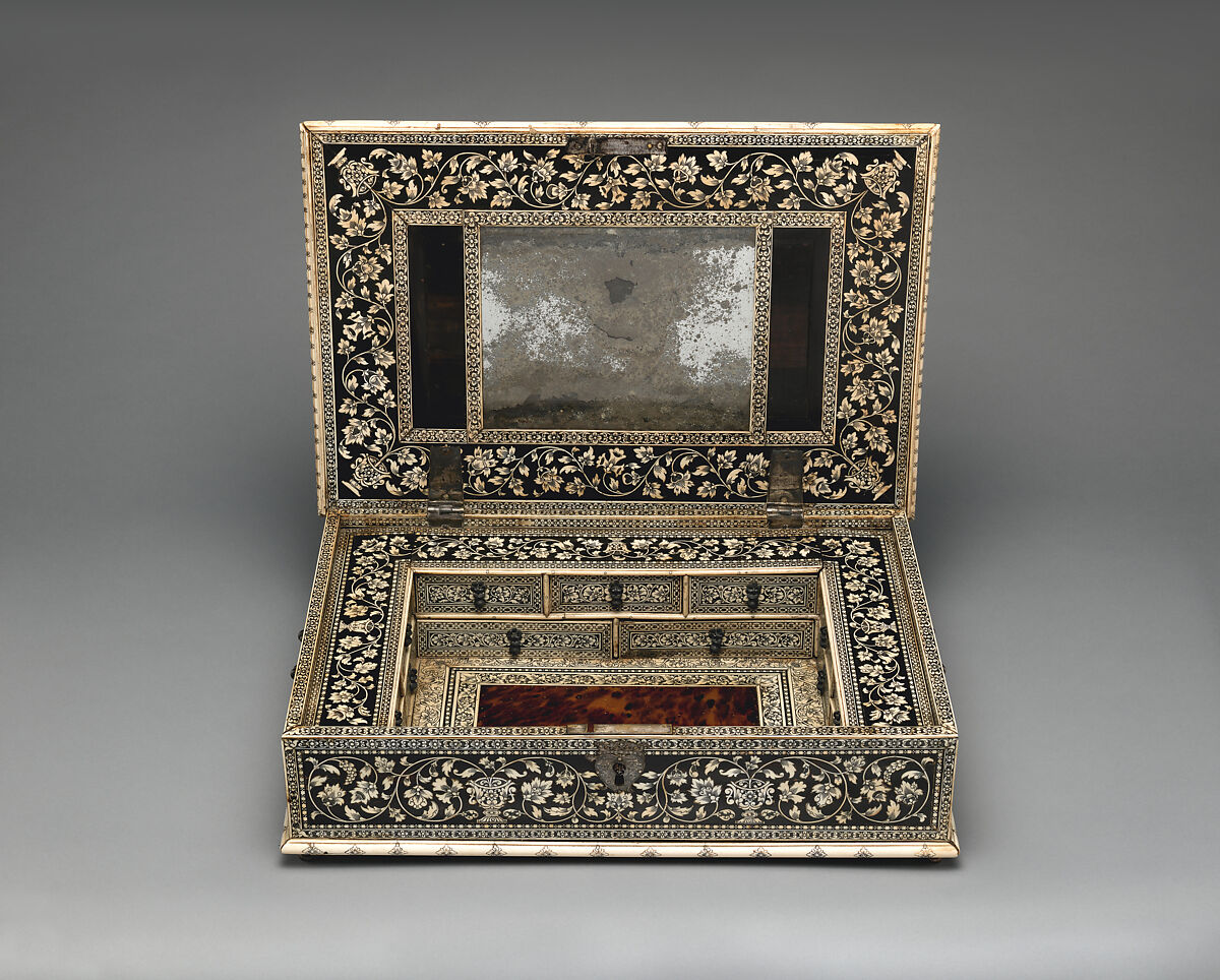 Casket, Ebony and engraved ivory, tortoiseshell; mirror glass; silver hardware; brass feet; iron lock, Indian, Vizagapatam
