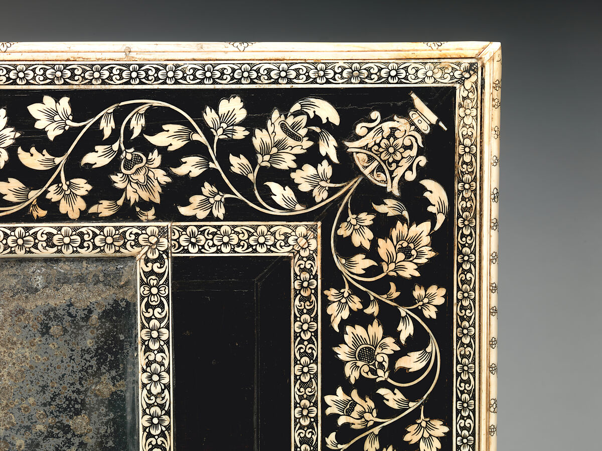 Casket, Ebony and engraved ivory, tortoiseshell; mirror glass; silver hardware; brass feet; iron lock, Indian, Vizagapatam