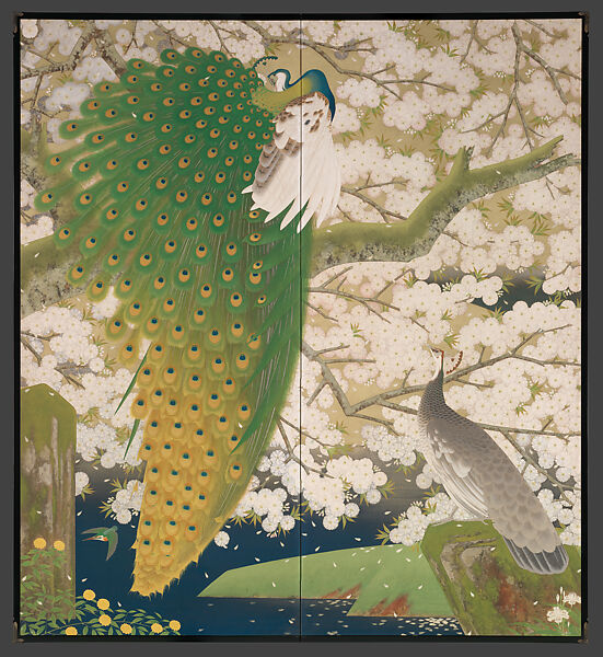 Peacocks and Cherry Blossoms, Imazu Tatsuyuki (Japanese, active early 20th century), Two-panel folding screen; ink, color, gold, and silver on paper, Japan 