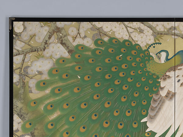 Peacocks and Cherry Blossoms, Imazu Tatsuyuki (Japanese, active early 20th century), Two-panel folding screen; ink, color, gold, and silver on paper, Japan