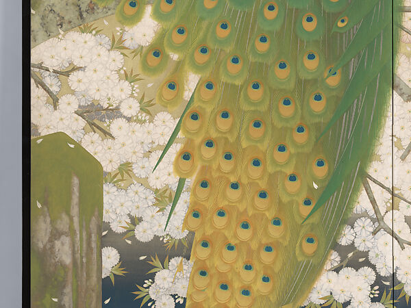 Peacocks and Cherry Blossoms, Imazu Tatsuyuki (Japanese, active early 20th century), Two-panel folding screen; ink, color, gold, and silver on paper, Japan