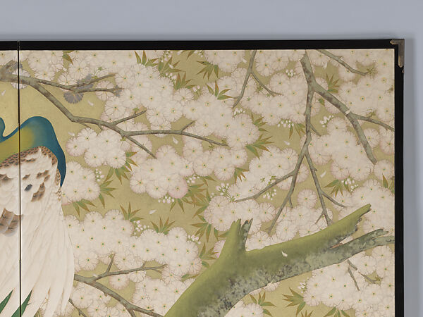 Peacocks and Cherry Blossoms, Imazu Tatsuyuki (Japanese, active early 20th century), Two-panel folding screen; ink, color, gold, and silver on paper, Japan