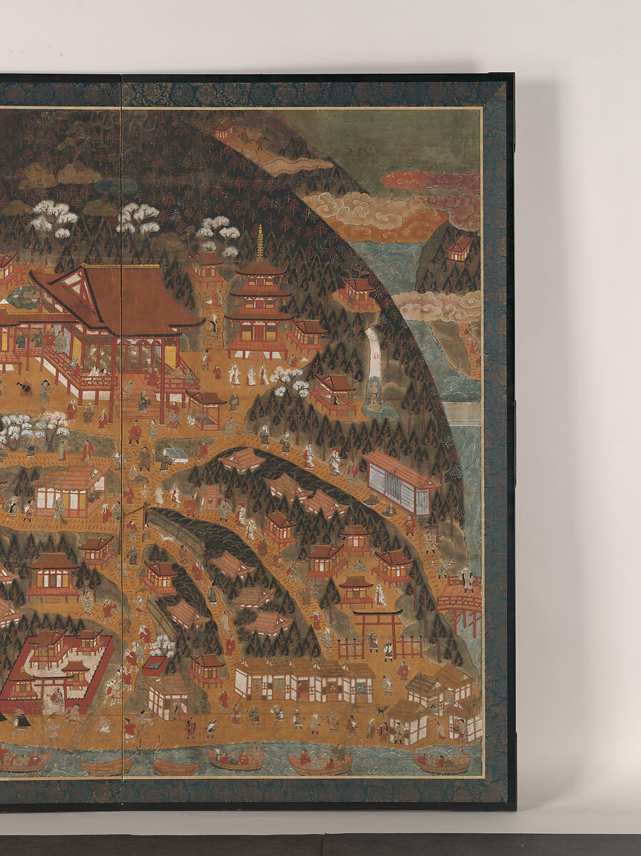 Chōmeiji Temple Pilgrimage Mandala, Hanging scroll remounted as a two-panel folding screen; ink, color, gofun (ground shell pigment), and gold on paper, Japan