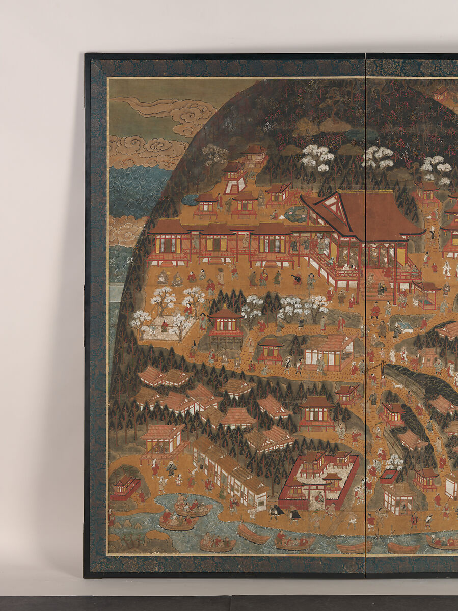 Chōmeiji Temple Pilgrimage Mandala, Hanging scroll remounted as a two-panel folding screen; ink, color, gofun (ground shell pigment), and gold on paper, Japan