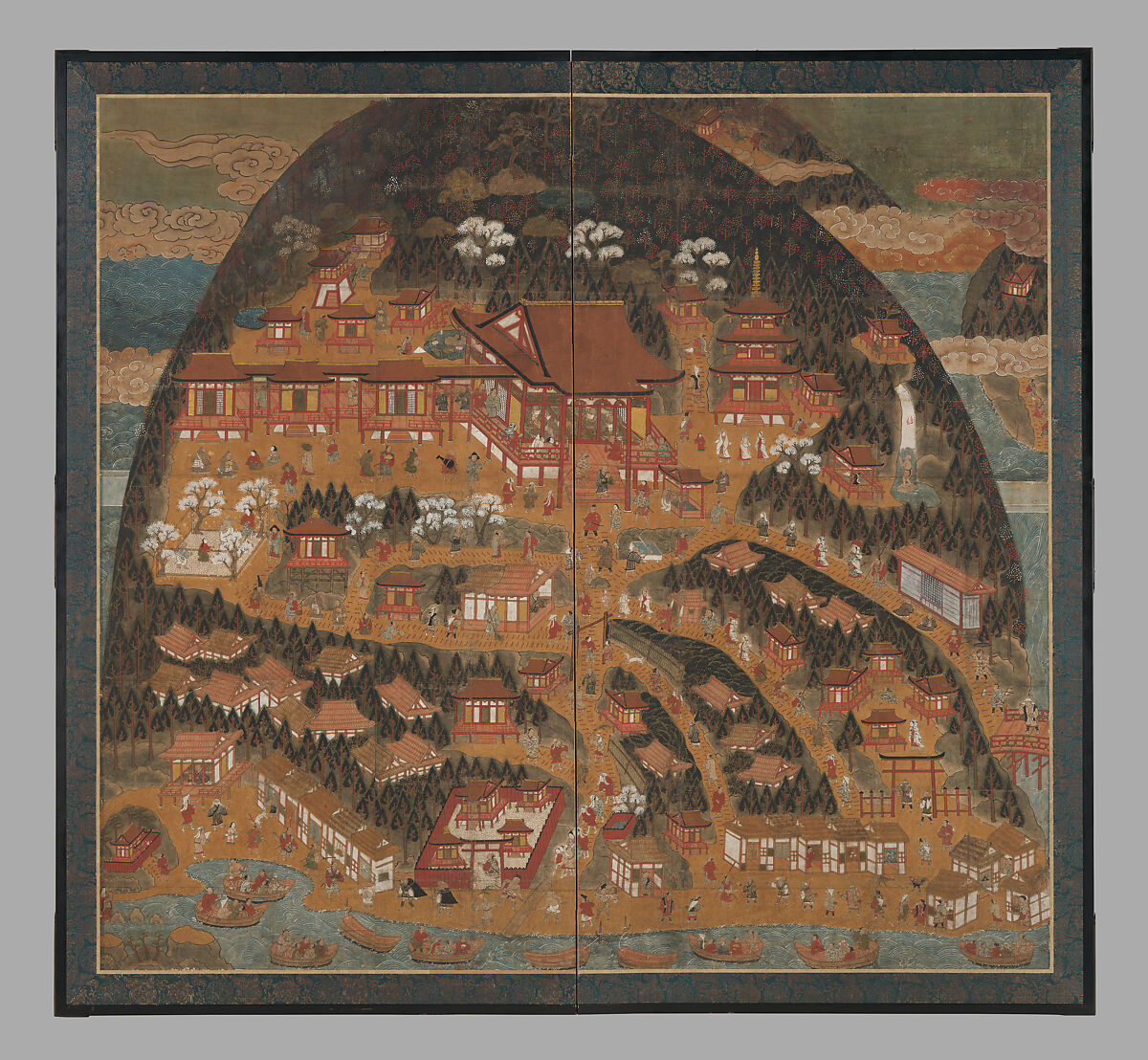 Chōmeiji Temple Pilgrimage Mandala, Hanging scroll remounted as a two-panel folding screen; ink, color, gofun (ground shell pigment), and gold on paper, Japan 