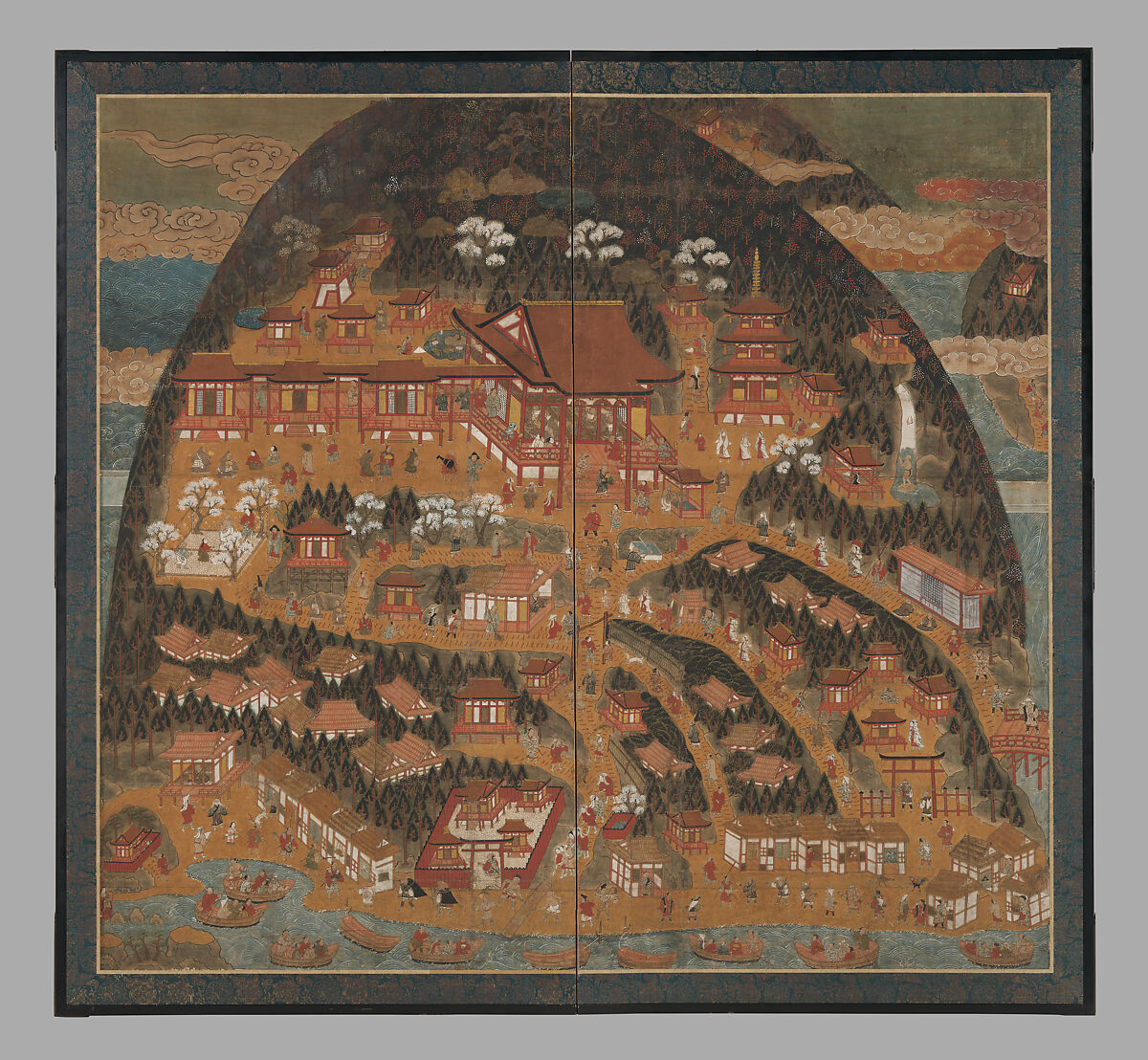 Chōmeiji Temple Pilgrimage Mandala, Hanging scroll remounted as a two-panel folding screen; ink, color, gofun (ground shell pigment), and gold on paper, Japan