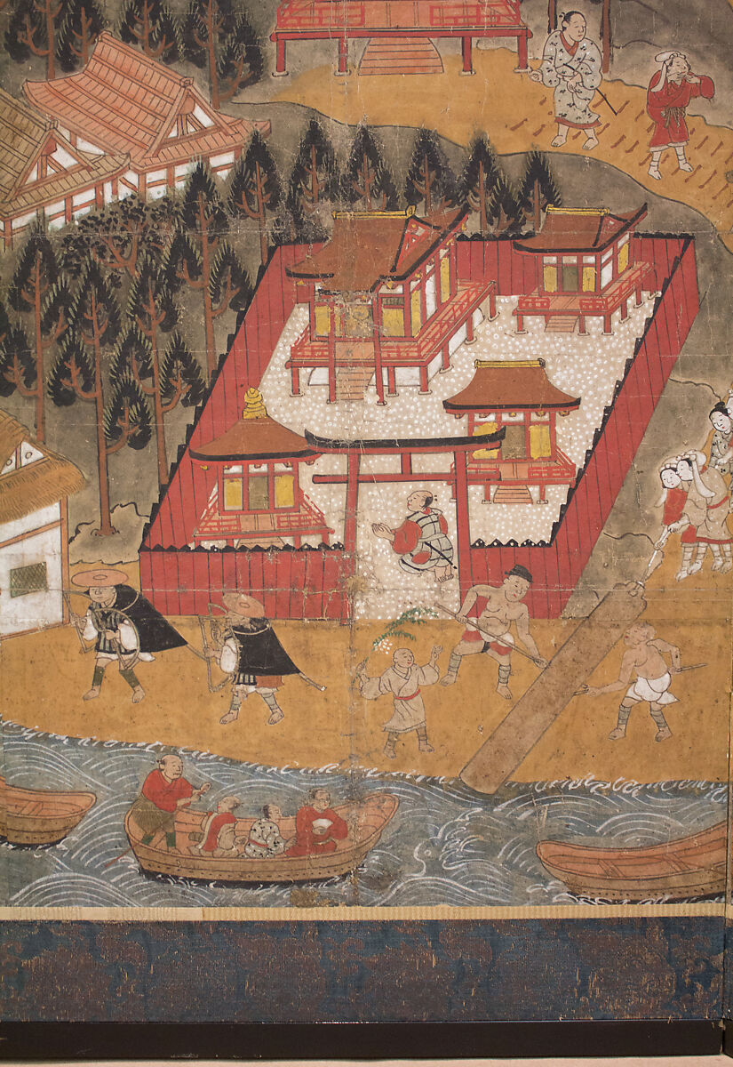 Chōmeiji Temple Pilgrimage Mandala, Hanging scroll remounted as a two-panel folding screen; ink, color, gofun (ground shell pigment), and gold on paper, Japan