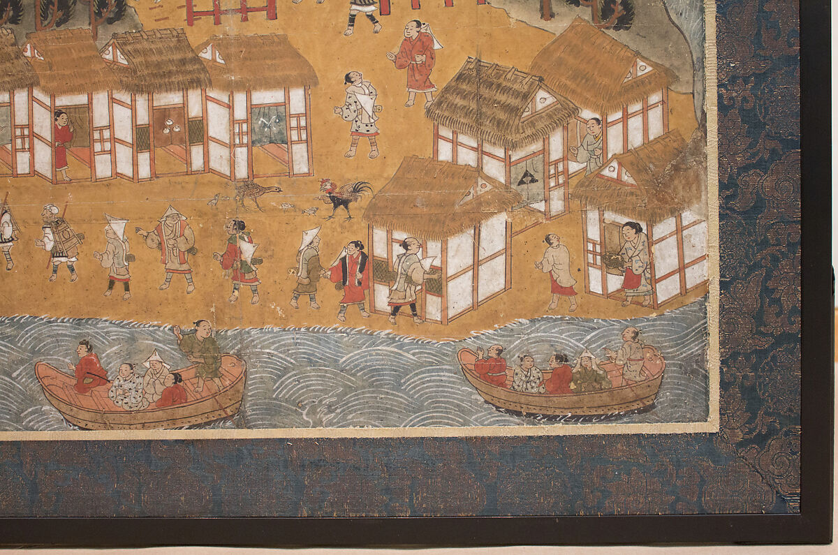 Chōmeiji Temple Pilgrimage Mandala, Hanging scroll remounted as a two-panel folding screen; ink, color, gofun (ground shell pigment), and gold on paper, Japan