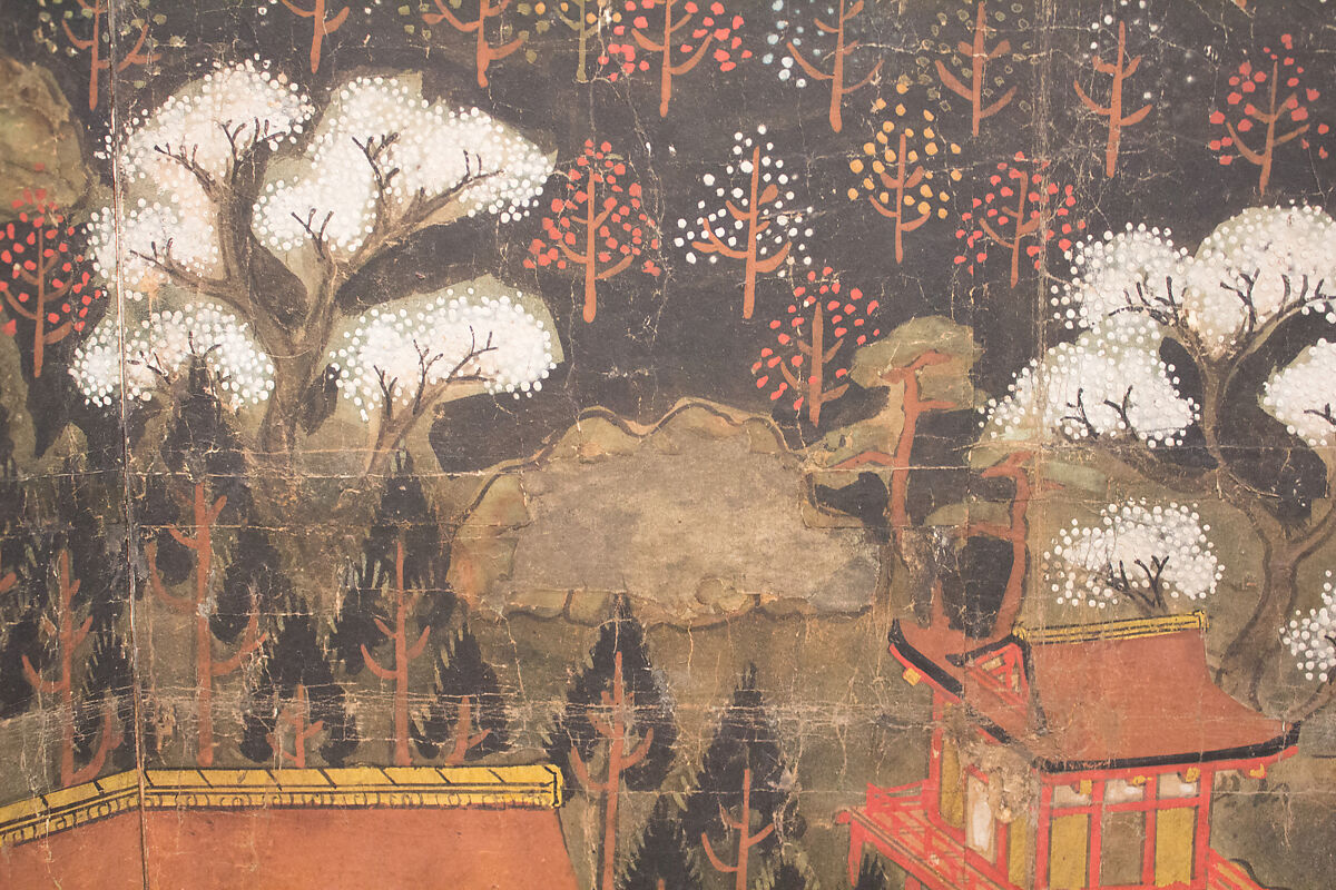 Chōmeiji Temple Pilgrimage Mandala, Hanging scroll remounted as a two-panel folding screen; ink, color, gofun (ground shell pigment), and gold on paper, Japan