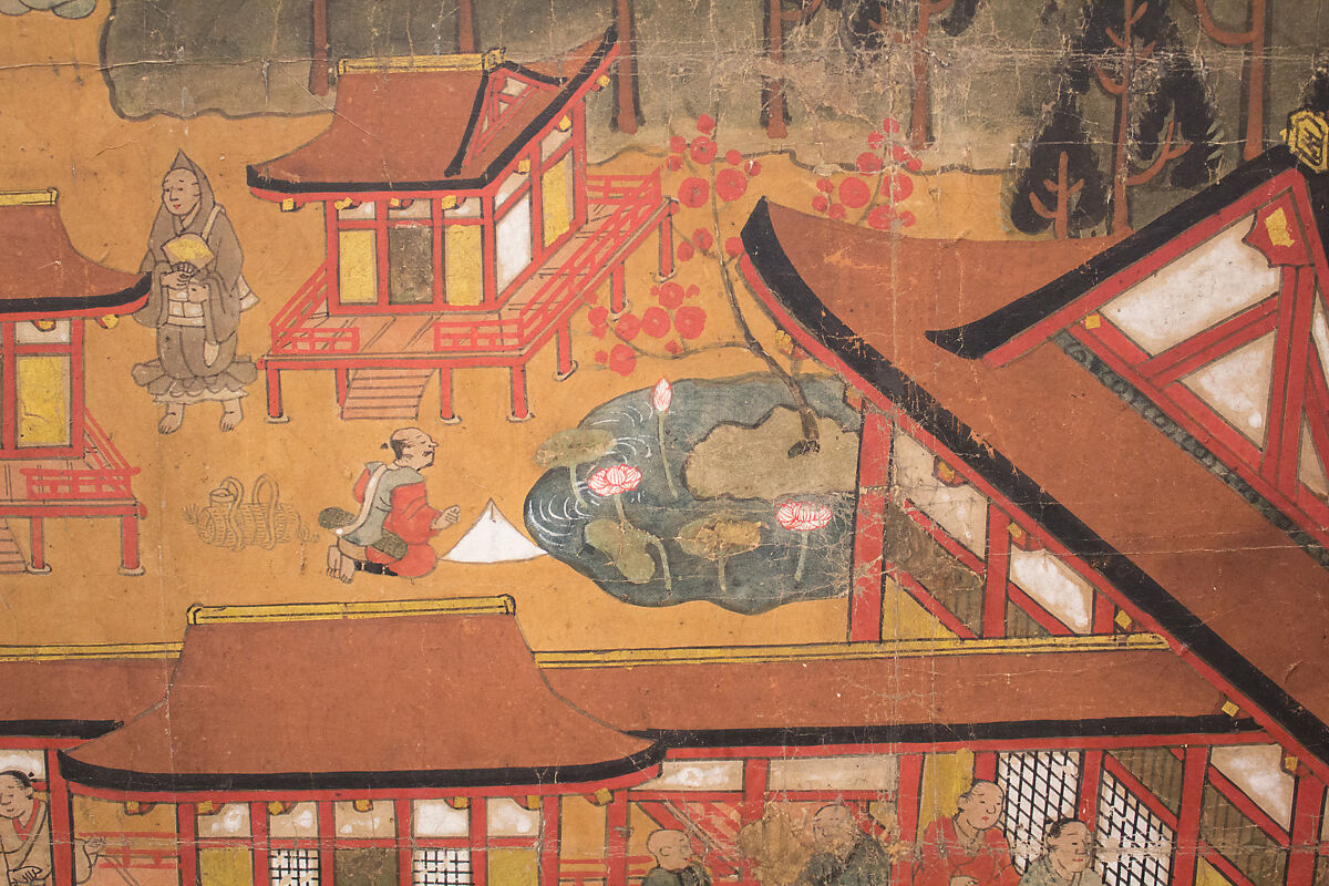 Chōmeiji Temple Pilgrimage Mandala, Hanging scroll remounted as a two-panel folding screen; ink, color, gofun (ground shell pigment), and gold on paper, Japan