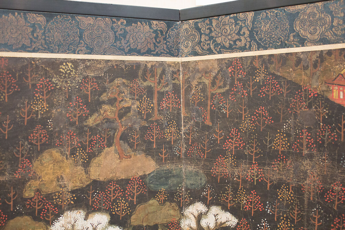Chōmeiji Temple Pilgrimage Mandala, Hanging scroll remounted as a two-panel folding screen; ink, color, gofun (ground shell pigment), and gold on paper, Japan