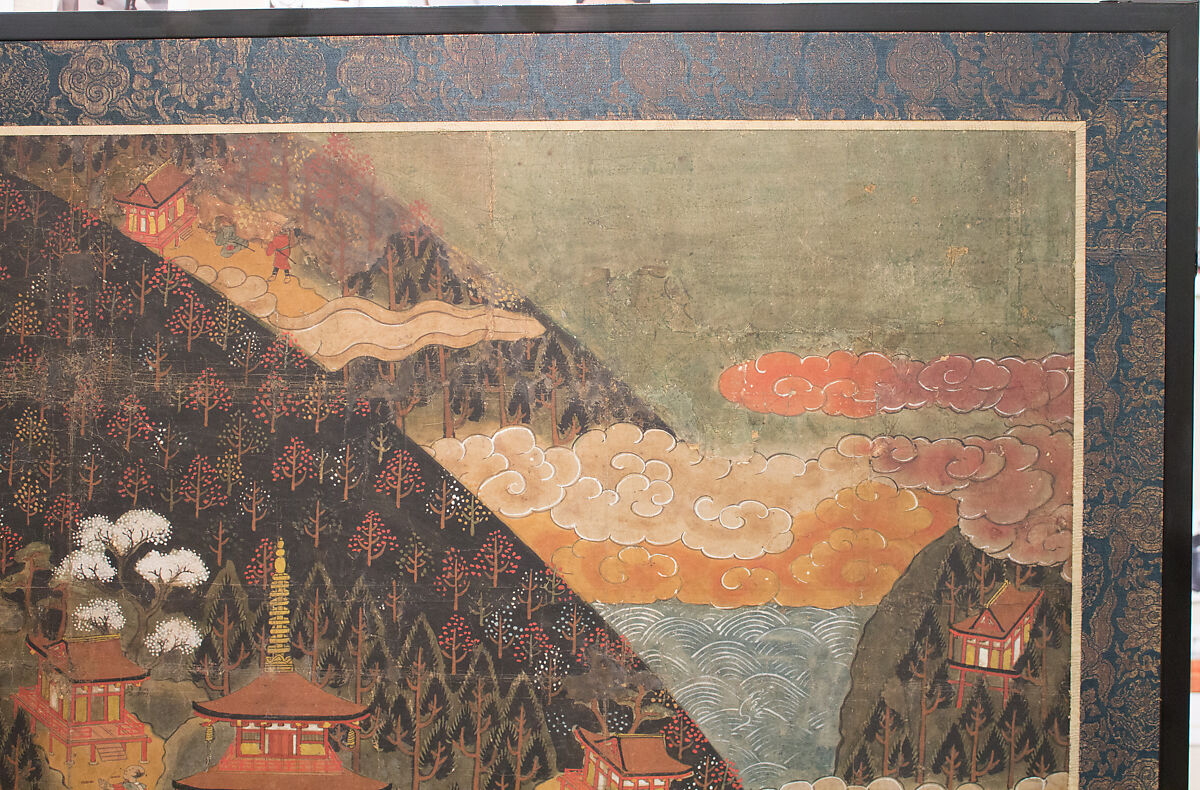 Chōmeiji Temple Pilgrimage Mandala, Hanging scroll remounted as a two-panel folding screen; ink, color, gofun (ground shell pigment), and gold on paper, Japan