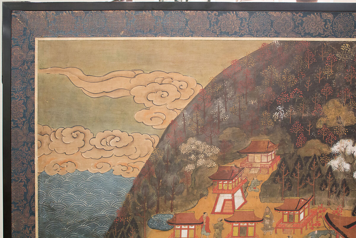 Chōmeiji Temple Pilgrimage Mandala, Hanging scroll remounted as a two-panel folding screen; ink, color, gofun (ground shell pigment), and gold on paper, Japan