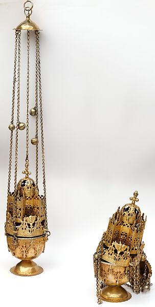 Pair of Hanging Censers (Burvars), Silver, gilded, cast decoration, mounted, Armenian 