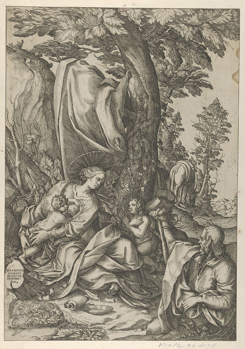 The Holy Family with John the Baptist in a landscape, Bernardino Passeri (Italian, active Rome, ca. 1577–85), Etching and engraving 