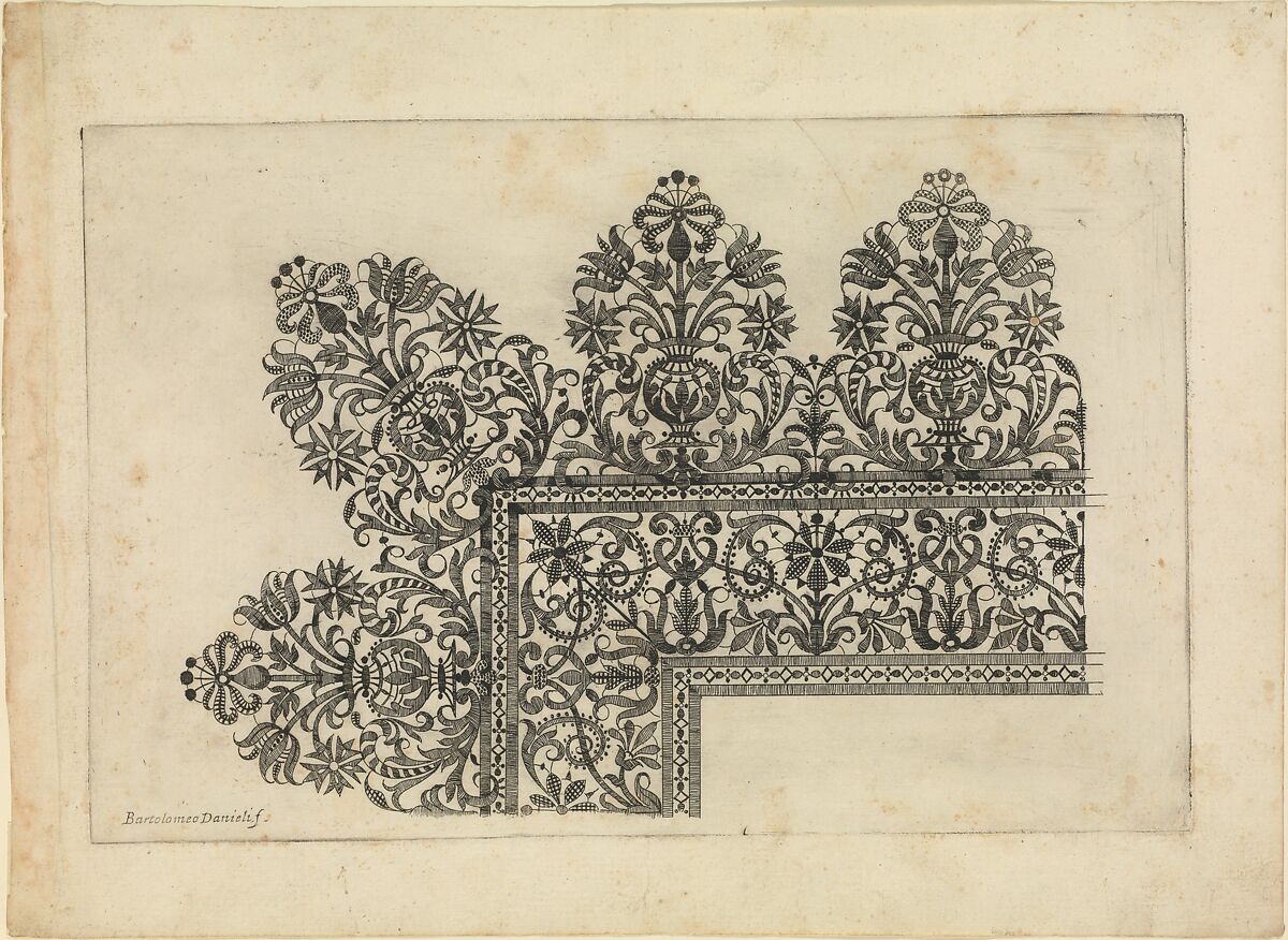Vari disegni di merletti (page 1r), Bartolomeo Danieli (Italian, active Bologna and Siena 1610–1643), Etching