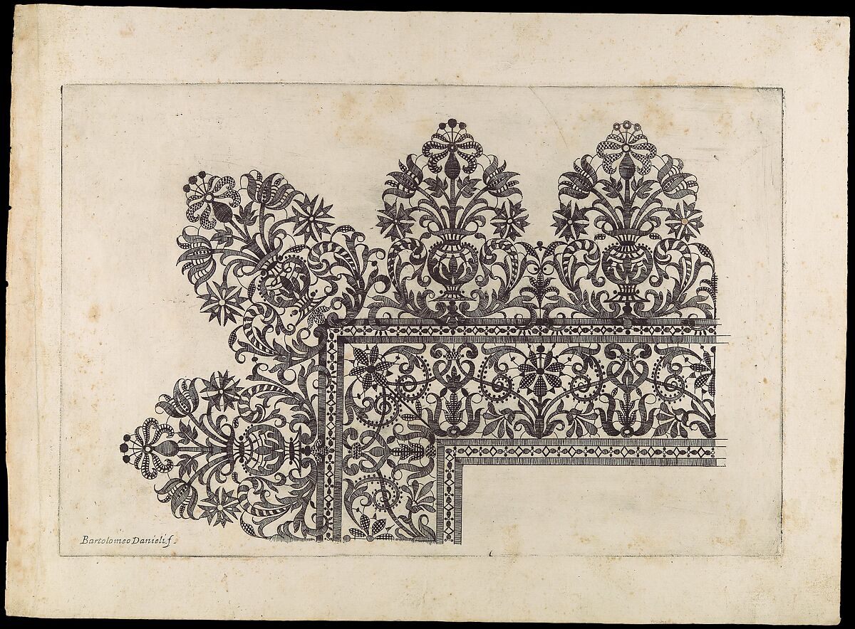 Vari disegni di merletti (page 3r), Bartolomeo Danieli (Italian, active Bologna and Siena 1610–1643), Etching 