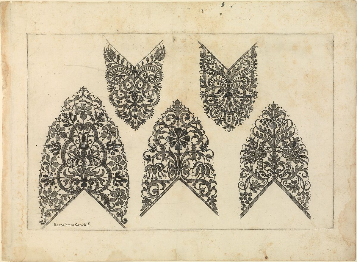 Vari disegni di merletti (page 5r), Bartolomeo Danieli (Italian, active Bologna and Siena 1610–1643), Etching