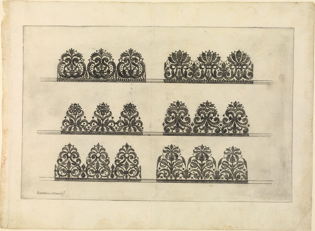 Vari disegni di merletti (page 5r), Bartolomeo Danieli (Italian, active Bologna and Siena 1610–1643), Etching