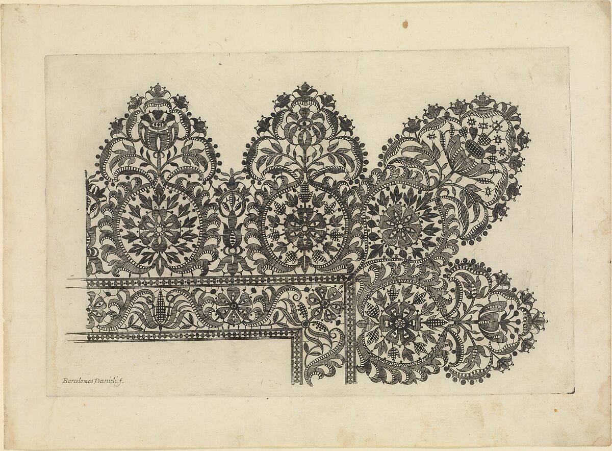Vari disegni di merletti (page 6r), Bartolomeo Danieli (Italian, active Bologna and Siena 1610–1643), Etching