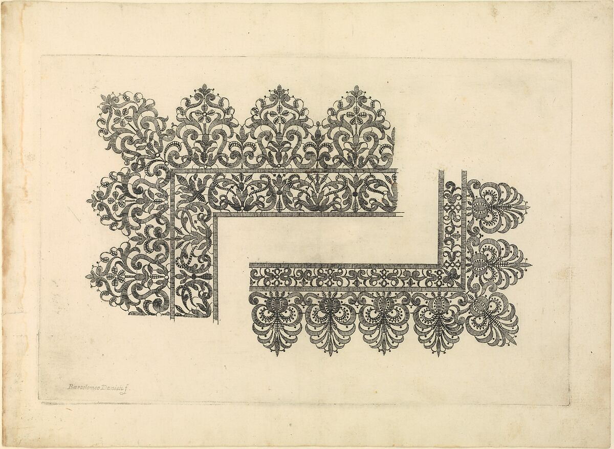 Vari disegni di merletti (page 8r), Bartolomeo Danieli (Italian, active Bologna and Siena 1610–1643), Etching