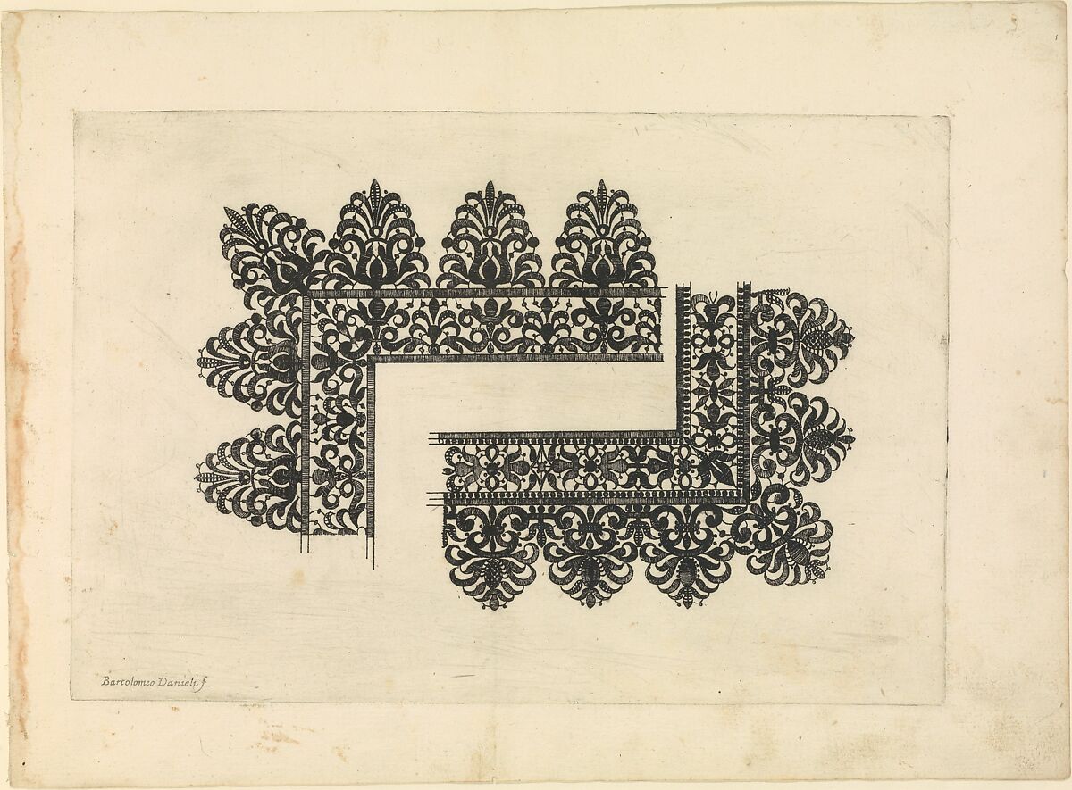 Vari disegni di merletti (page 9r), Bartolomeo Danieli (Italian, active Bologna and Siena 1610–1643), Etching