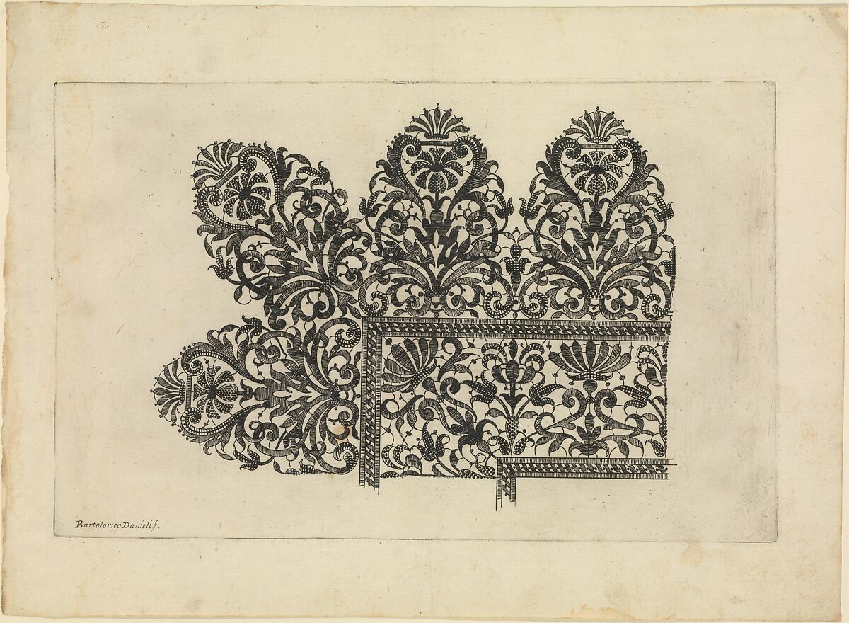 Vari disegni di merletti (page 12r), Bartolomeo Danieli (Italian, active Bologna and Siena 1610–1643), Etching