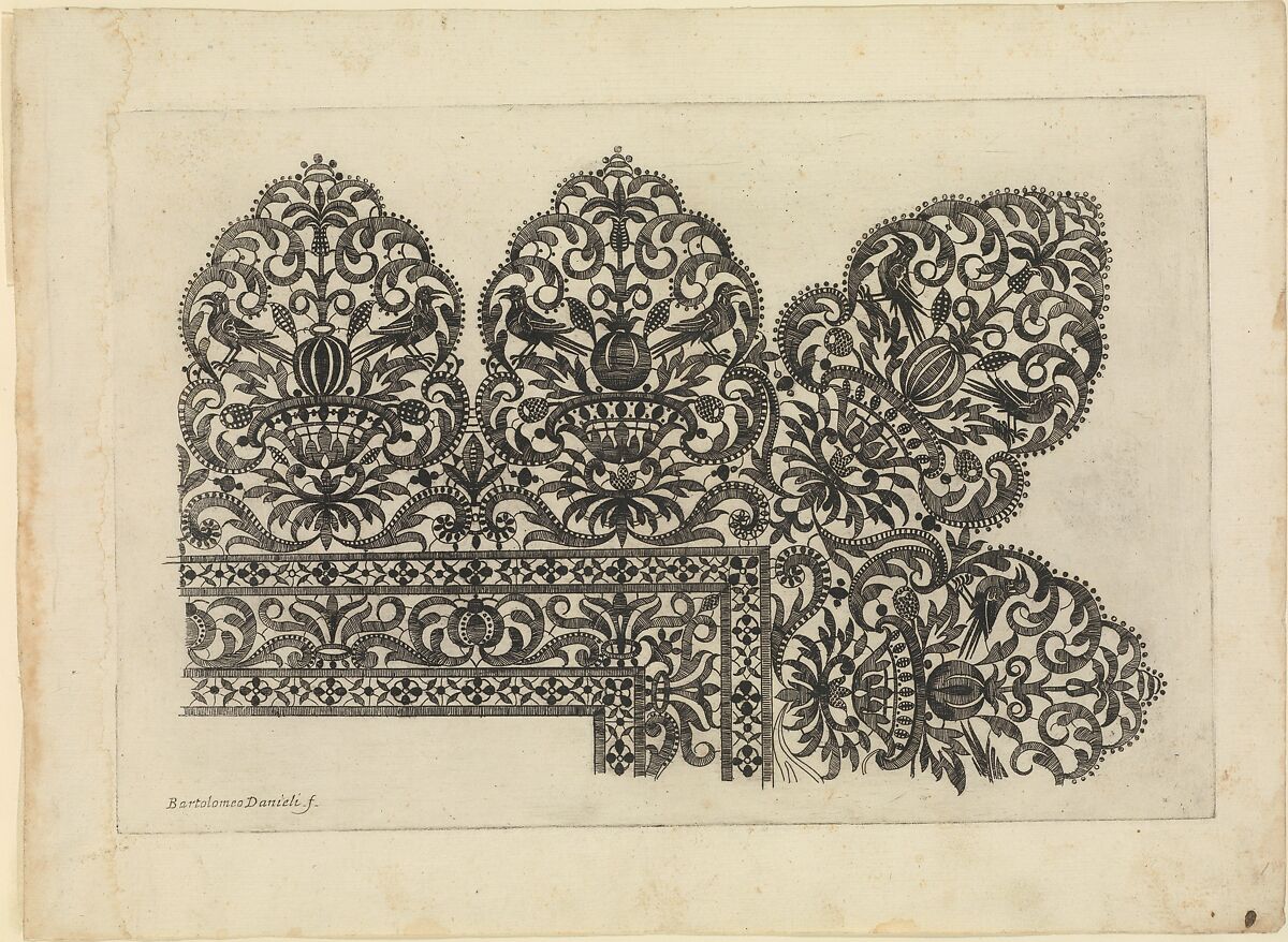 Vari disegni di merletti (page 12r), Bartolomeo Danieli (Italian, active Bologna and Siena 1610–1643), Etching