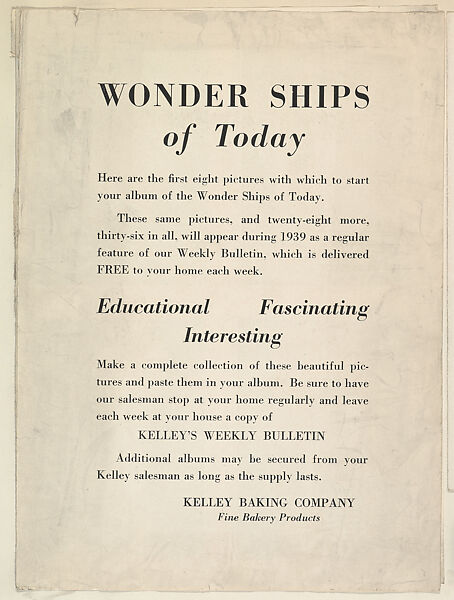 Announcement for Kelley's Weekly Bulletin with cards from the Wonder Ships of Today series (D90), issued by the Kelley Baking Company, including cards S. S. Uruguay, M. V. Britannic, M. S. Pilsudski, S. S. Quirigua, S. S. Queen Mary, S. S. Lurline, S. S. Excalibur, S. S. Empress of Britain, Issued by Kelley Baking Company, Commercial color lithograph 