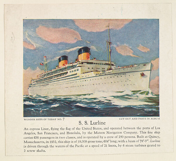 S. S. Lurline, No. 7, collector card from the Wonder Ships of Today series (D90), issued by the Kelley Baking Company, Issued by Kelley Baking Company, Commercial color lithograph 