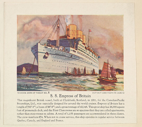 S. S. Empress of Britain, collector card from the Wonder Ships of Today series (D90), issued by the Kelley Baking Company, Issued by Kelley Baking Company, Commercial color lithograph 