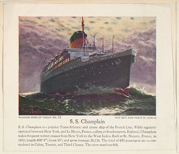 S. S. Champlain, No.11, collector card from the Wonder Ships of Today series (D90), issued by the Kelley Baking Company, Issued by Kelley Baking Company, Commercial color lithograph 