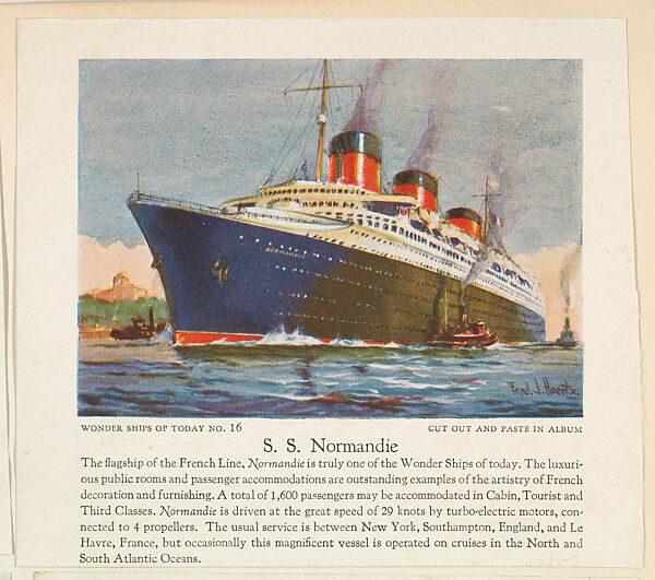 S. S. Normandie, No. 16, collector card from the Wonder Ships of Today series (D90), issued by the Kelley Baking Company, Issued by Kelley Baking Company, Commercial color lithograph 