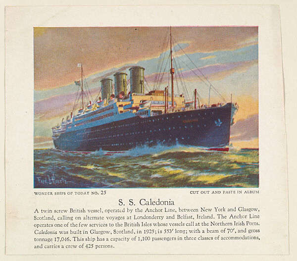S. S. Caledonia, No. 25, collector card from the Wonder Ships of Today series (D90), issued by the Kelley Baking Company, Issued by Kelley Baking Company, Commercial color lithograph 
