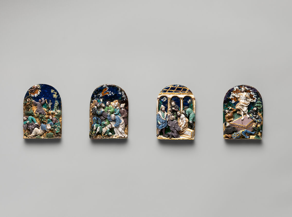 Set of four enamelled silver plaquettes, Silver, lampworked glass, enamel, gold, German, Augsburg or Nuremberg 