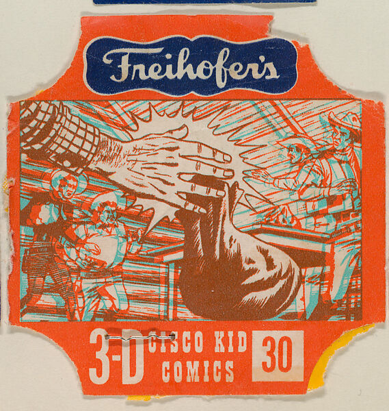 3-D Cisco Kid, No. 30, from the Cisco Kid Comics bread end labels series (D290-5) issued by Freihofers Baking Company, Issued by Freihofer Baking Company, Commercial color lithograph 
