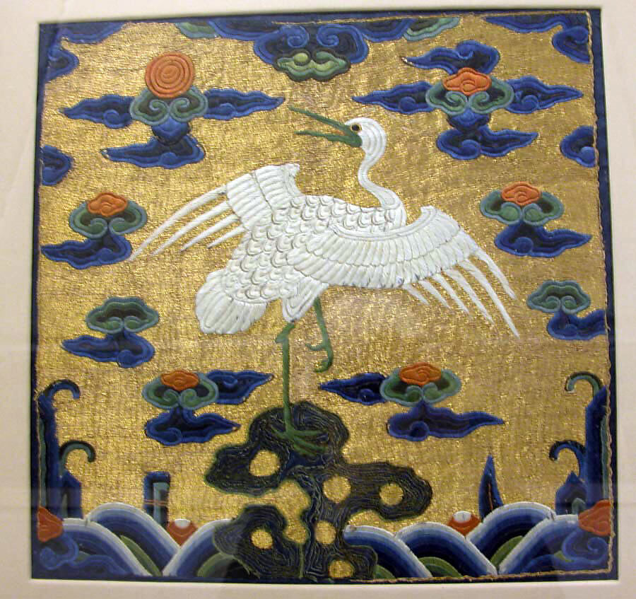 Rank Badge with Egret, Silk, feather, and metallic thread embroidery on silk satin, China