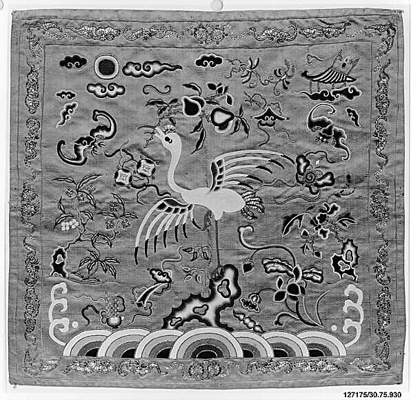 Rank Badge with Manchurian Crane, Silk, metallic thread, China