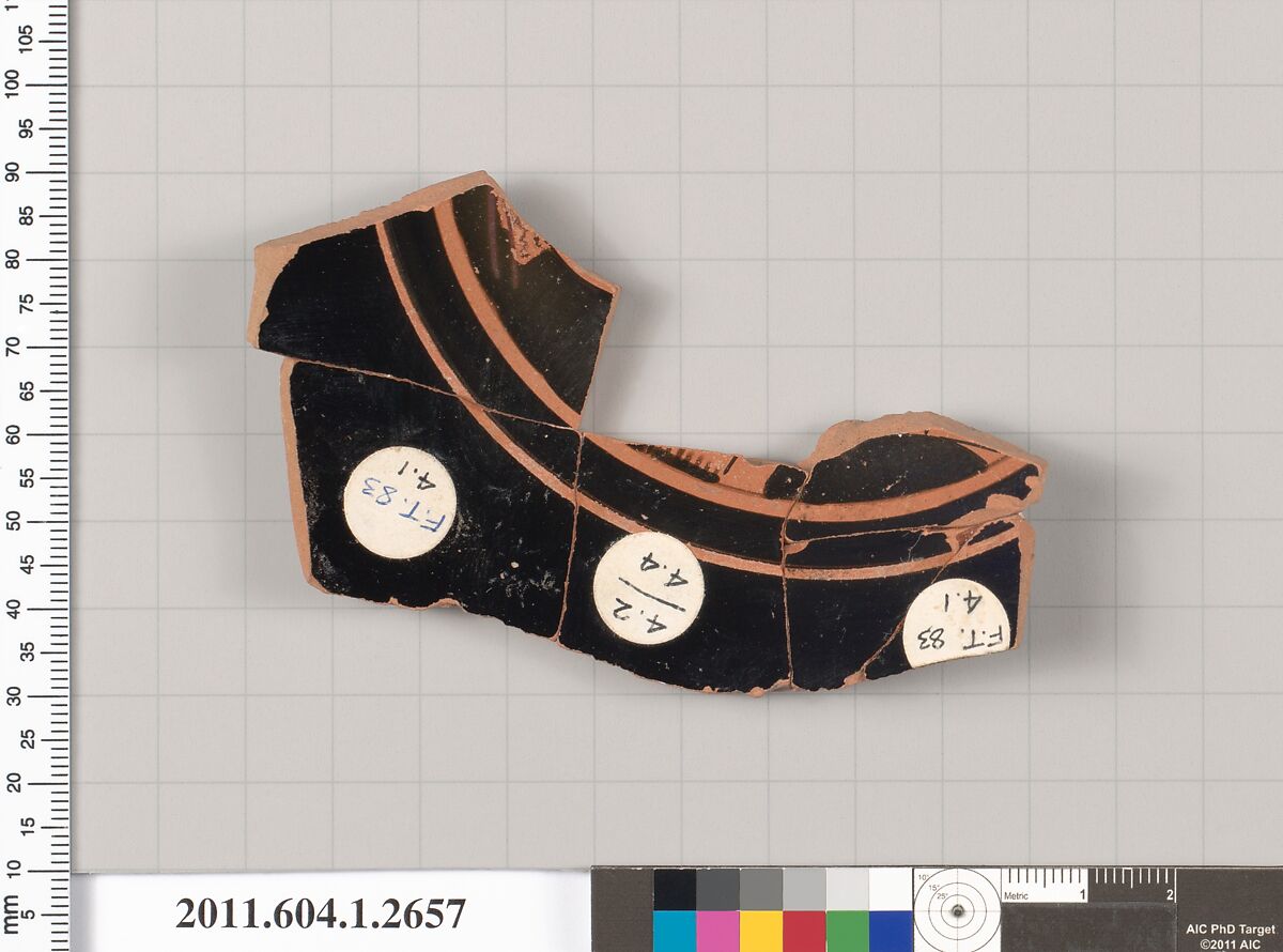 Terracotta fragment of a kylix (drinking cup), Terracotta, Greek, Attic 