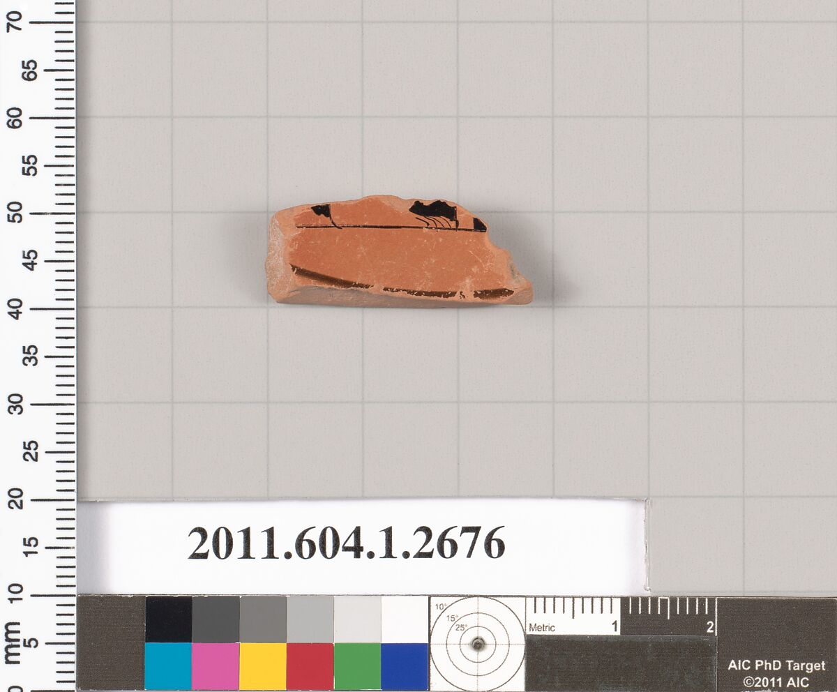 Terracotta fragment of a kylix (drinking cup), Terracotta, Greek, Attic 
