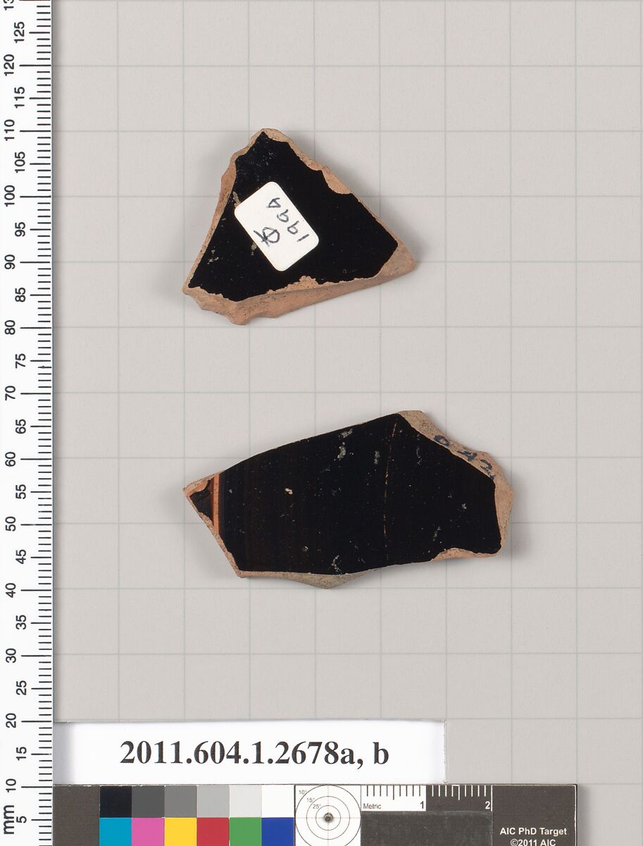 Terracotta fragments of a kylix (drinking cup), Terracotta, Greek, Attic