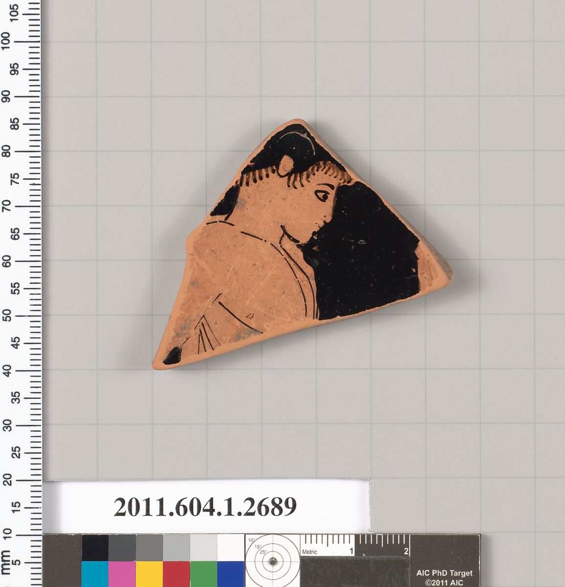 Terracotta fragment of a kylix (drinking cup), Terracotta, Greek, Attic 